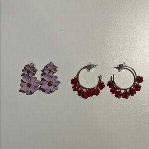 Elegant Floral Earrings Set - Purple and Red